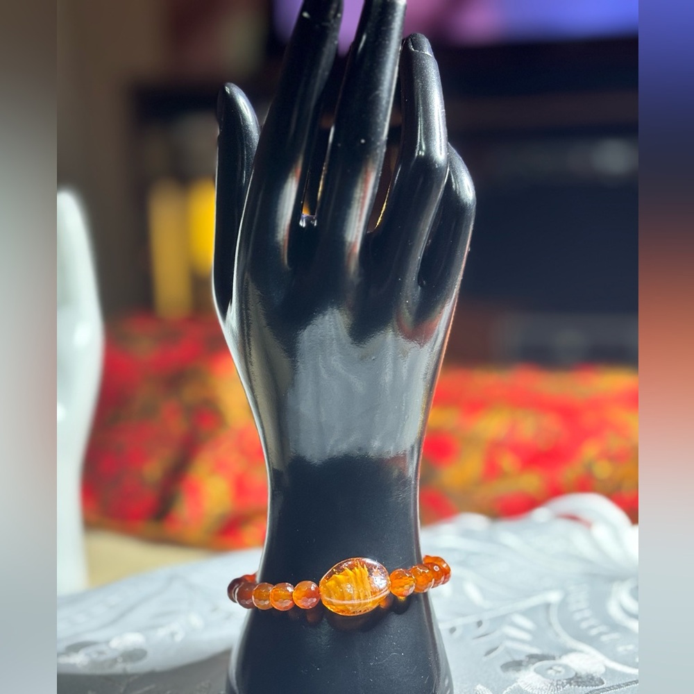 Handmade Carnelian Orange Beaded Stretch Bracelet with Orange Lamp work Focal - Picture 4 of 7